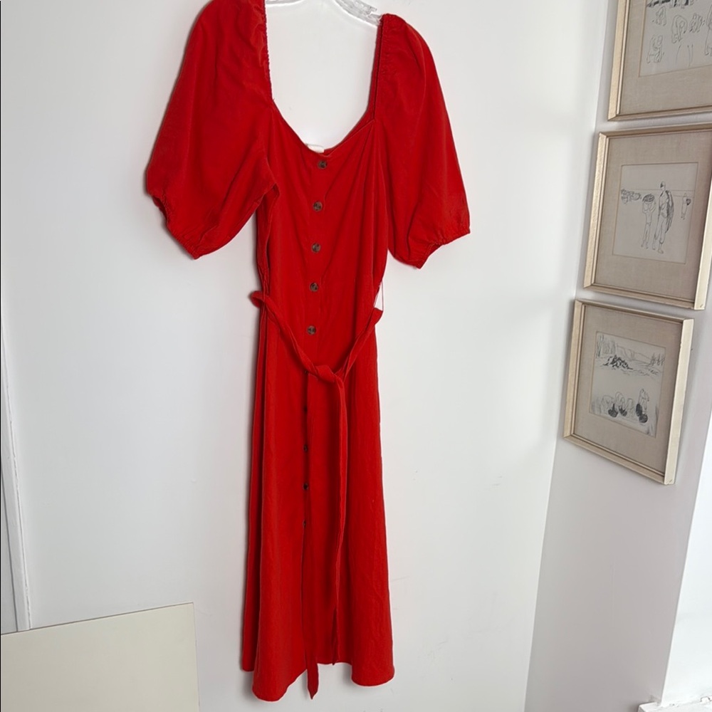 H&M Red Tie Front Sundress with Puff Sleeves